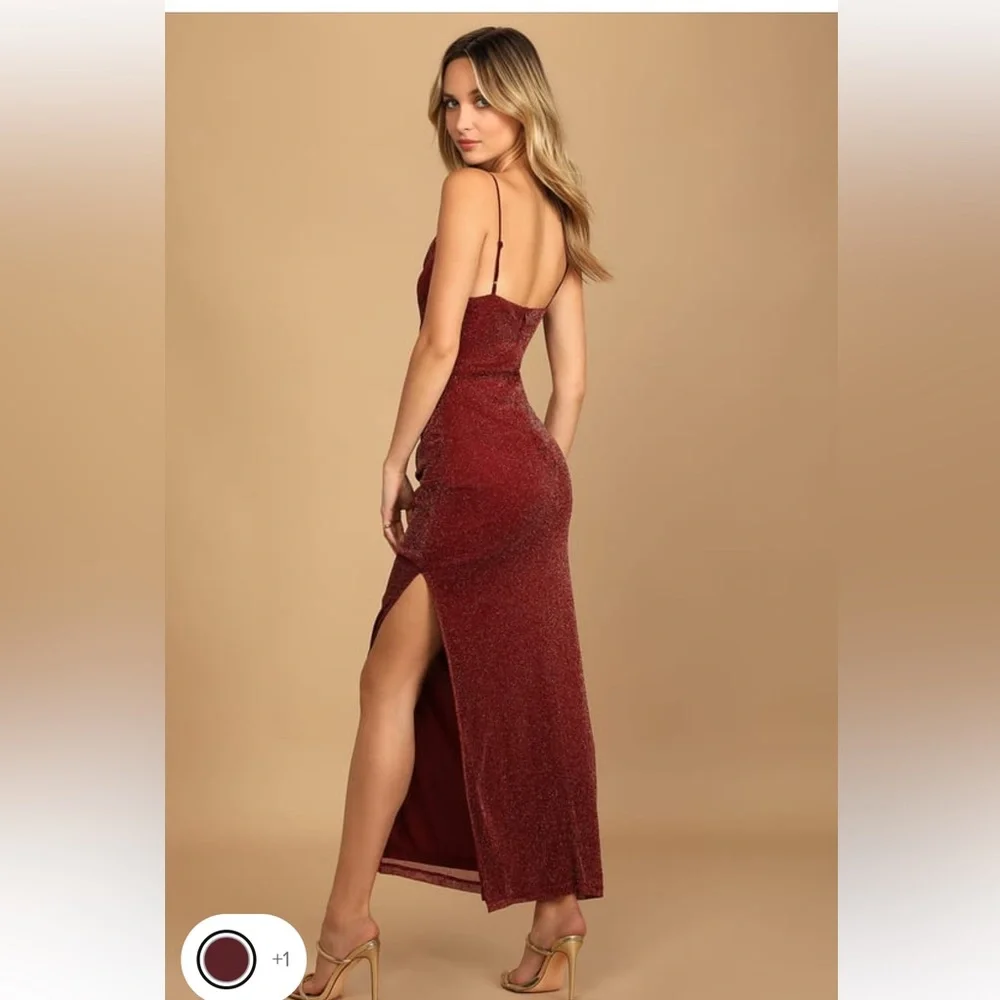 NWT Lulus Next Please Gold and Burgundy Cowl Neck Bodycon Dress - Picture 6 of 15